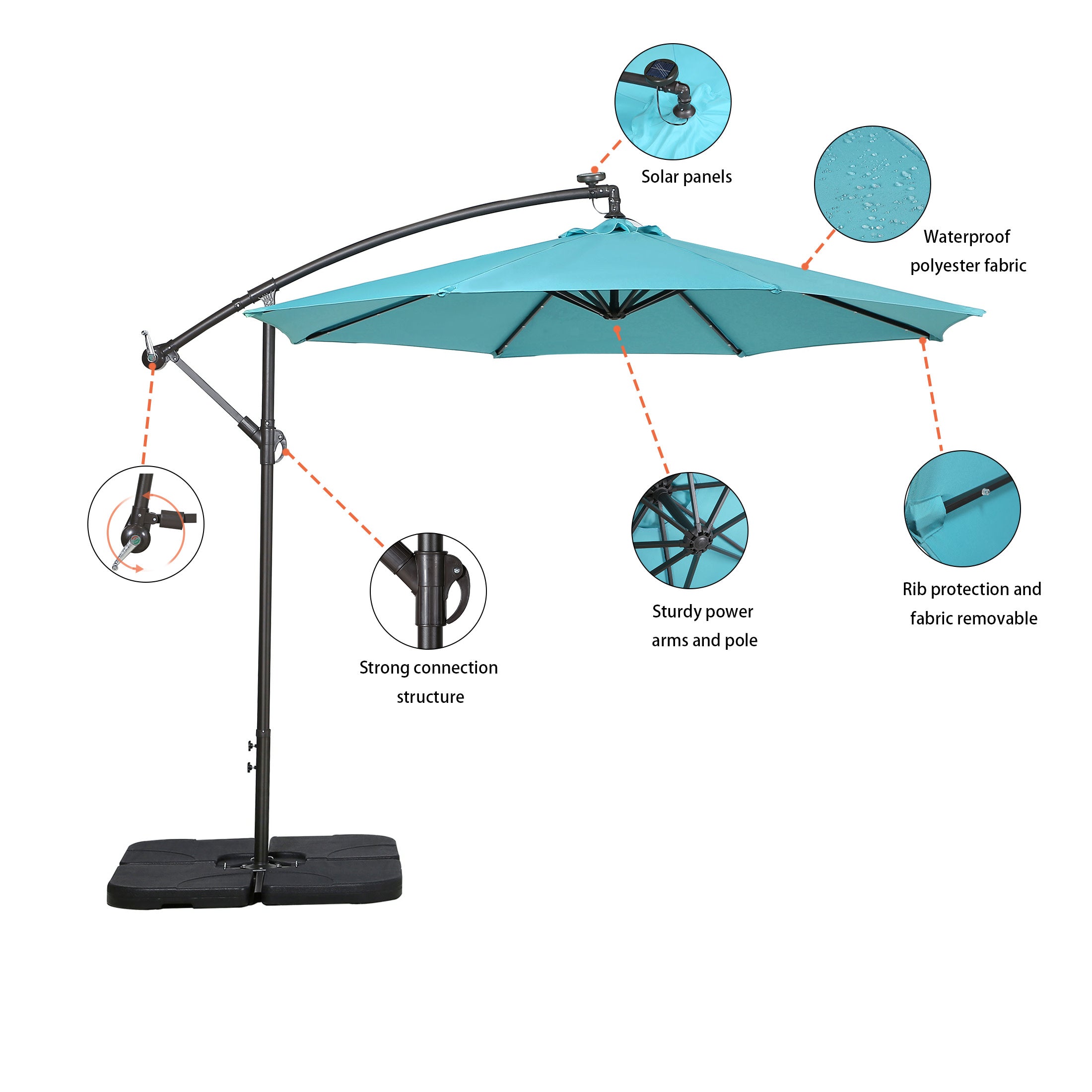 10 Ft Outdoor Patio Solar LED Cantilever Umbrella with Base Weights, Turquoise