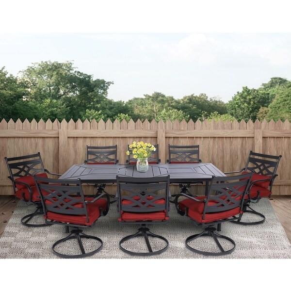 Hanover Montclair 9Piece Dining Set in Chili Red with 8 Swivel Rockers and a 42In. x 84In. Table