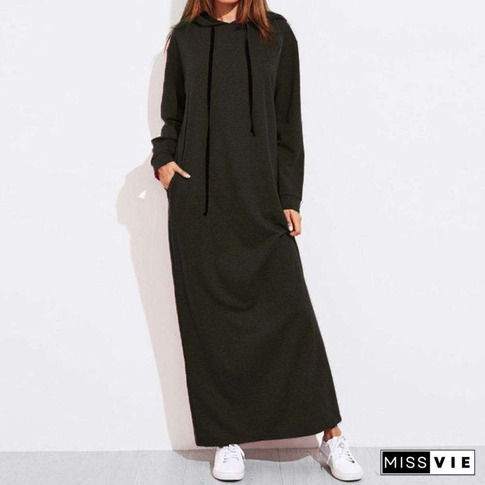 S-5Xl Women Long Hoodie Dress Maxi Long Sleeve Tunic Casual Loose Sweatshirt Dress Party Kaftan Plus Size