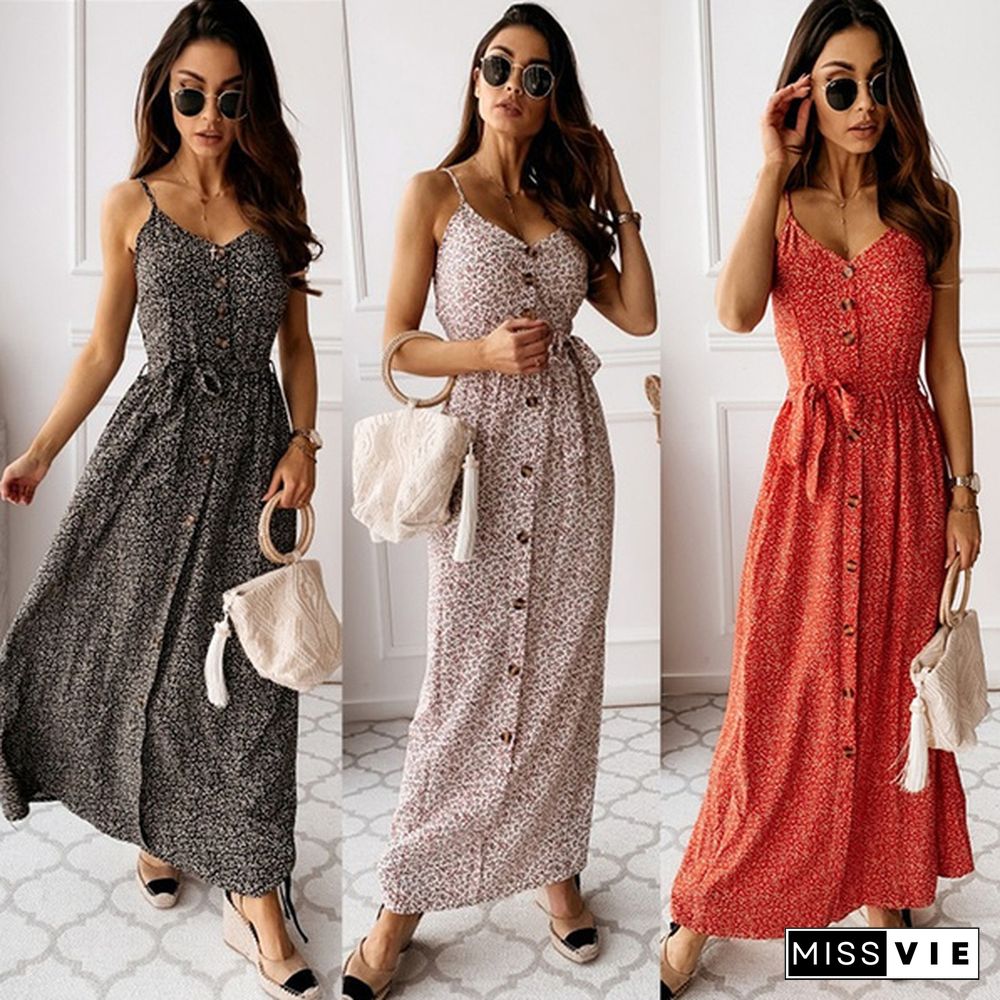 Hot Summer Floral Print Spaghetti Strap Slim Fit Long Dress Blackless Boho Beach Dress