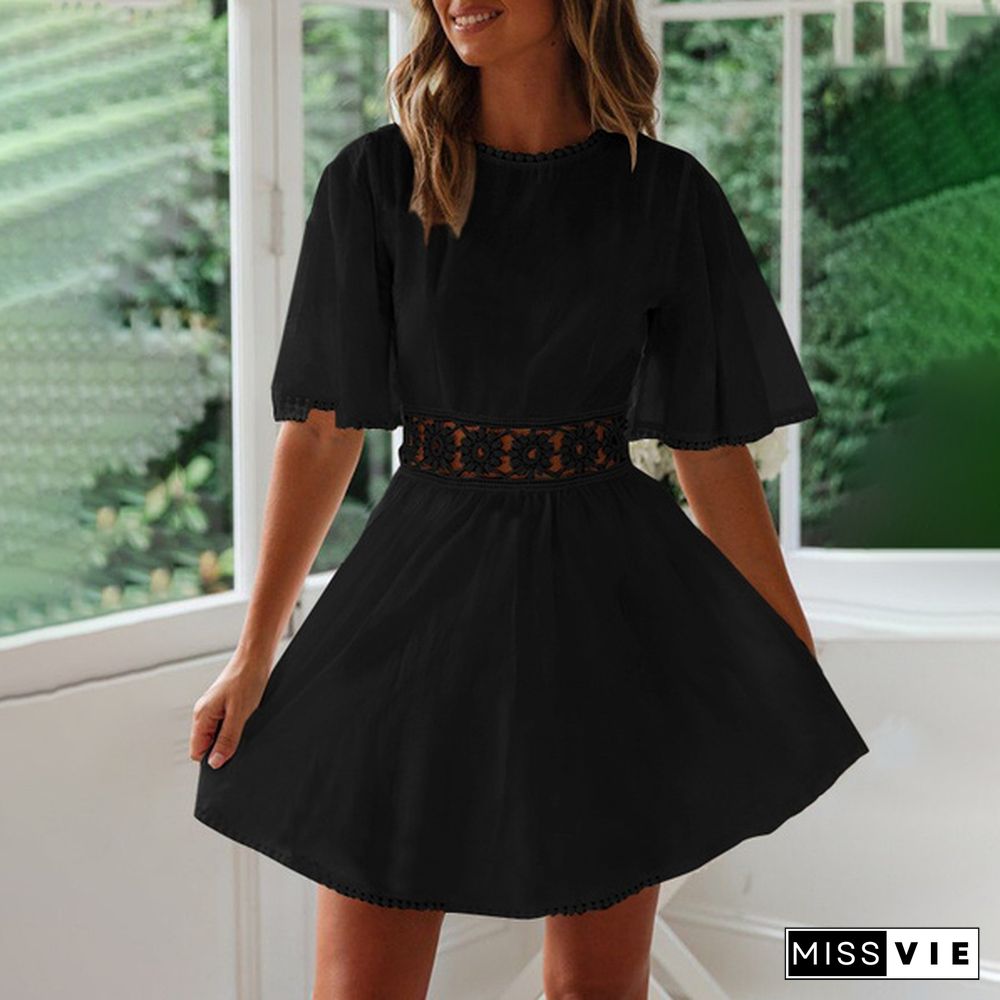 Summer Women Short Sleeve Mini Dress Lace Stitching Backless Party Casual Pleated A Line Dress Plus Size