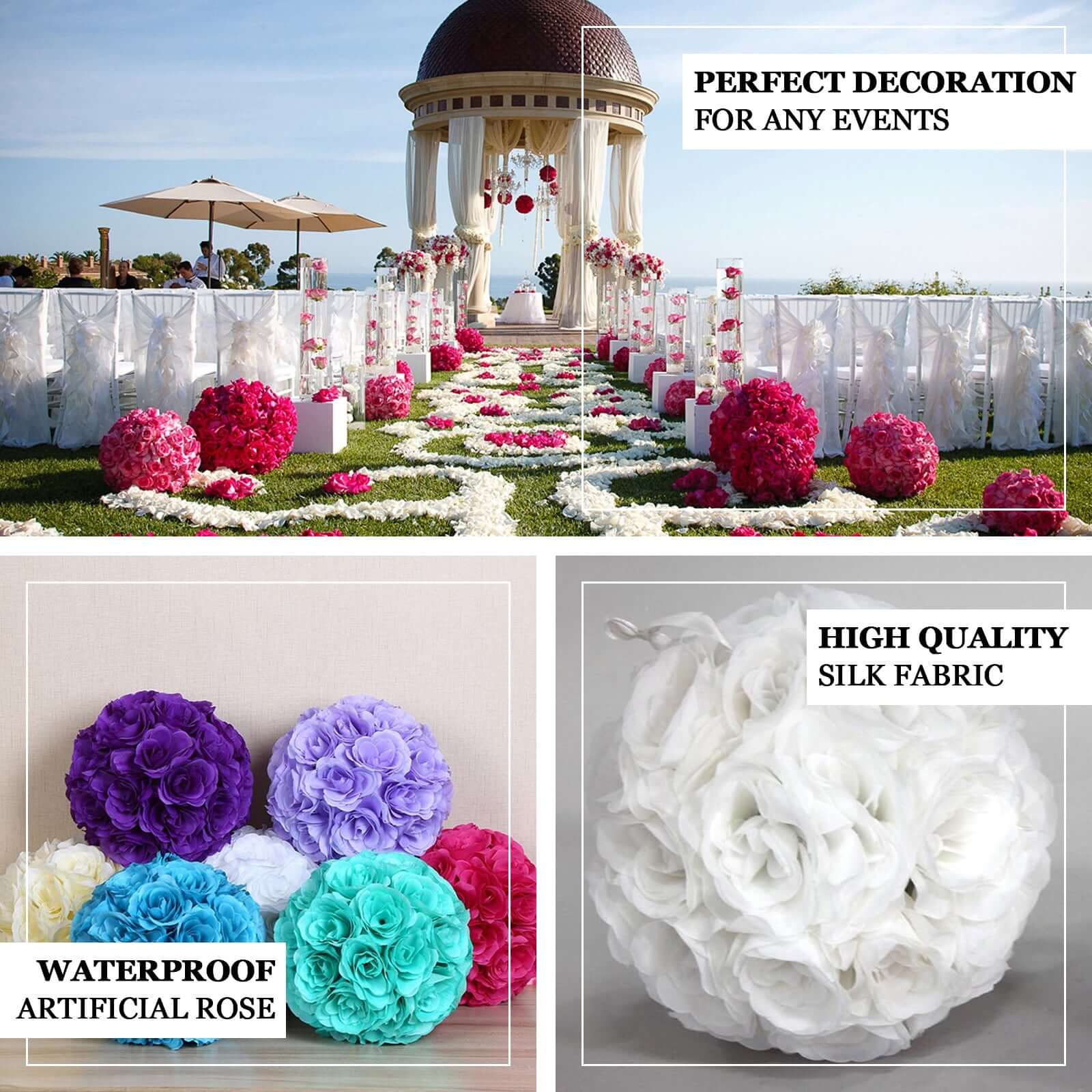 2 Pack White Artificial Silk Rose Kissing Ball, Faux Flower Ball 7