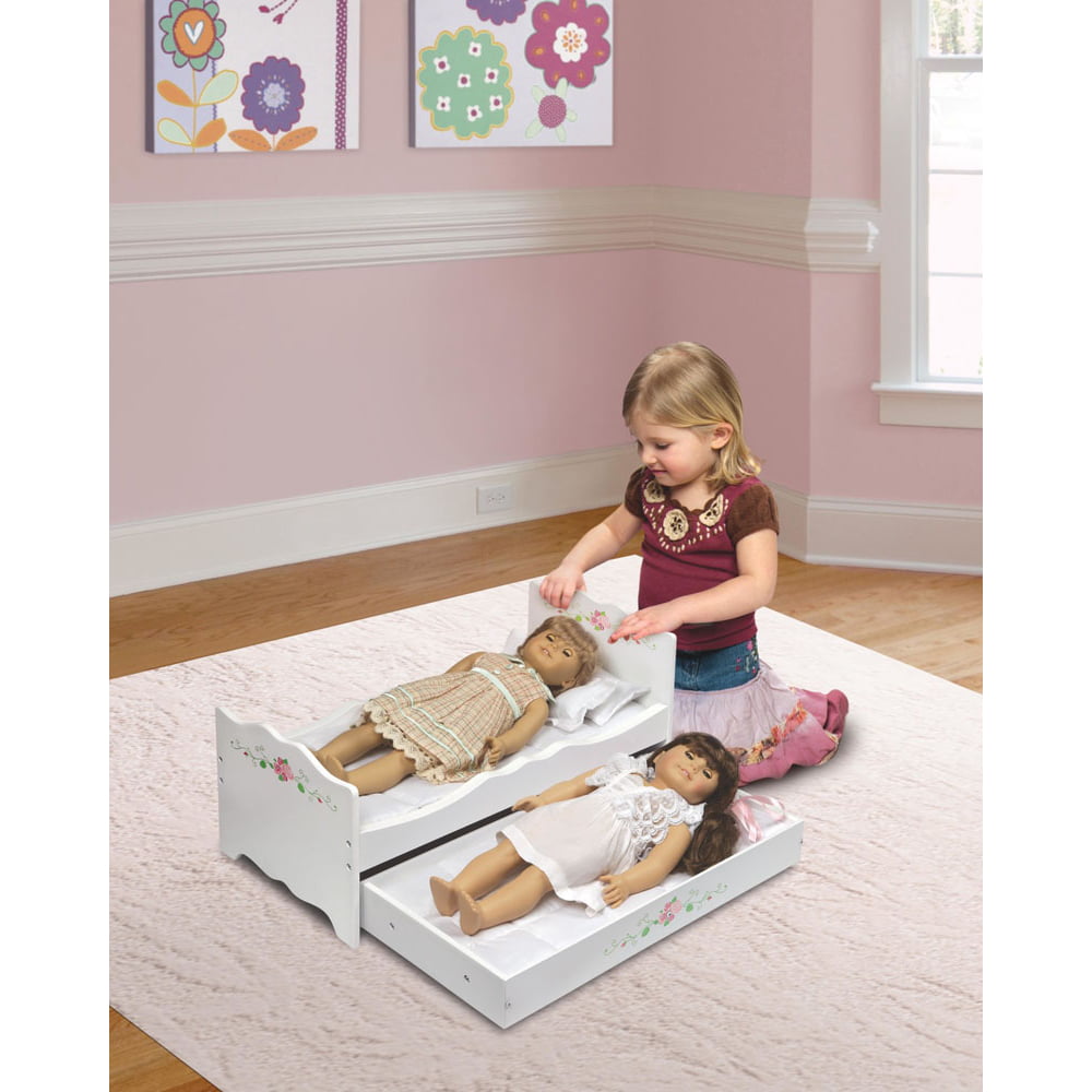 Badger Basket Doll Bed with Trundle and Bedding - White Rose - Fits American Girl, My Life As and Most 18 Dolls