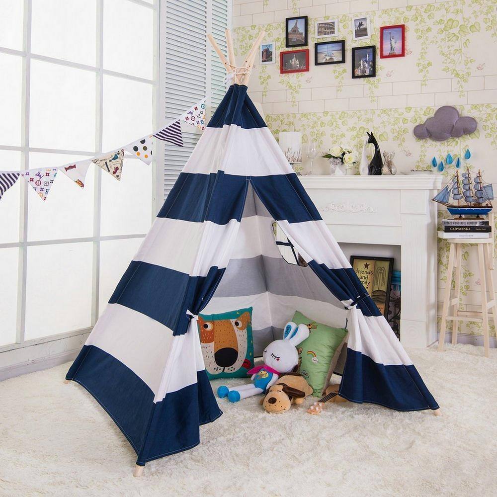 Ejoy 48 in. x 48 in. x 72 in. Natural Cotton Canvas Teepee Tent for Kids Indoor and Outdoor Playing Teepee_4PoleLargeBLUE