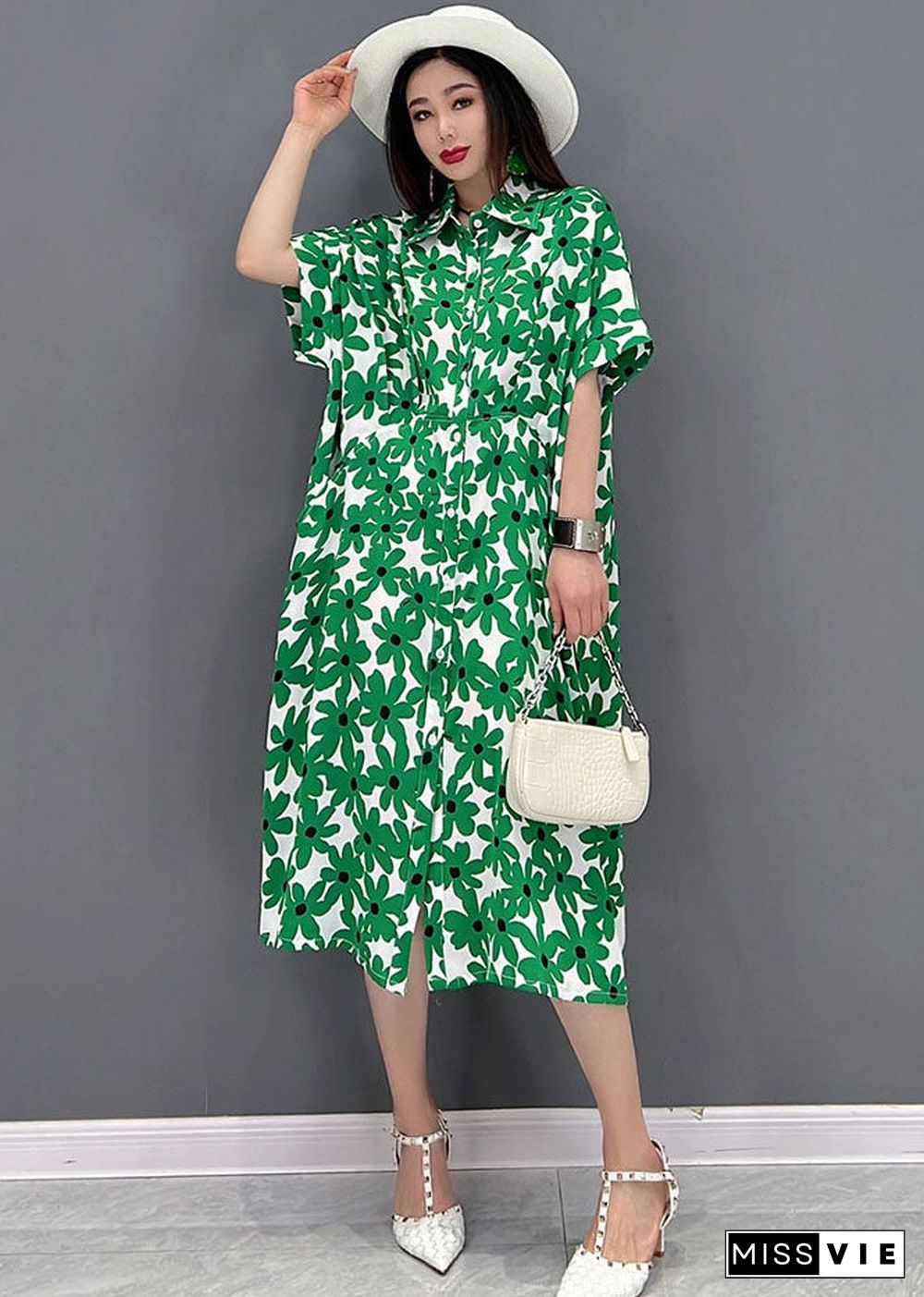 Beautiful Green Peter Pan Collar Print Shirt Dress Short Sleeve