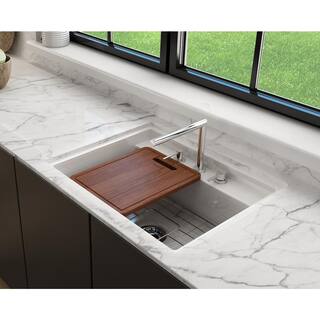 BOCCHI Baveno Uno White Fireclay 27 in. Single Bowl UndermountDrop-In 3-hole Kitchen Sink wIntegrated WS and Acc. 1633-001-0127