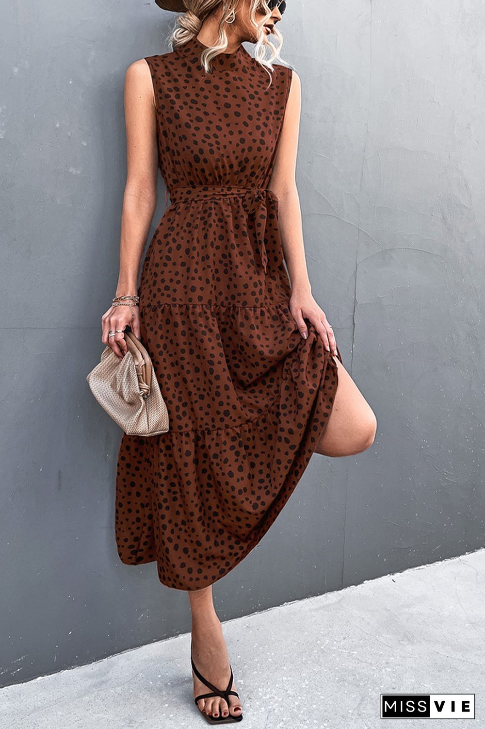 Sleeveless Leopard Printed Long Dress With Belt Wholesale