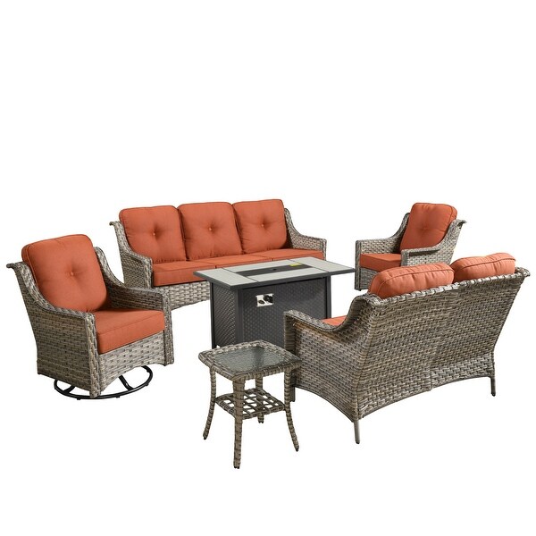 XIZZI Outdoor Rattan Wicker Patio Furniture Conversation Set with Fire Pit Table