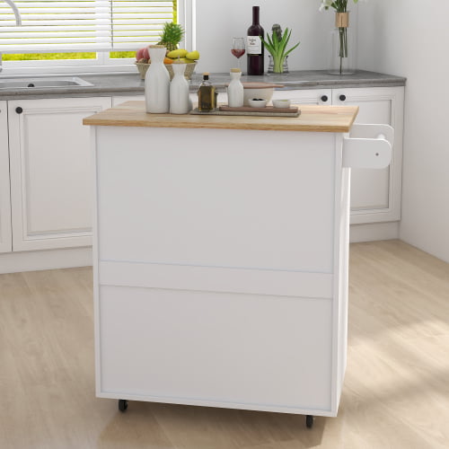 Kitchen Island on Wheels White Rolling Trolley Cart with Rubber Solid Wood Countertop One Drawer and 2 Doors Towel Rack Kitchen Island Cart， 32.68