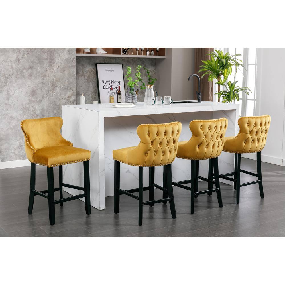 26.7 in. Gold Wing Back Wood Bar Stool Tufted Upholstered Velvet Counter Stools (Set of 2) FY-W114366435