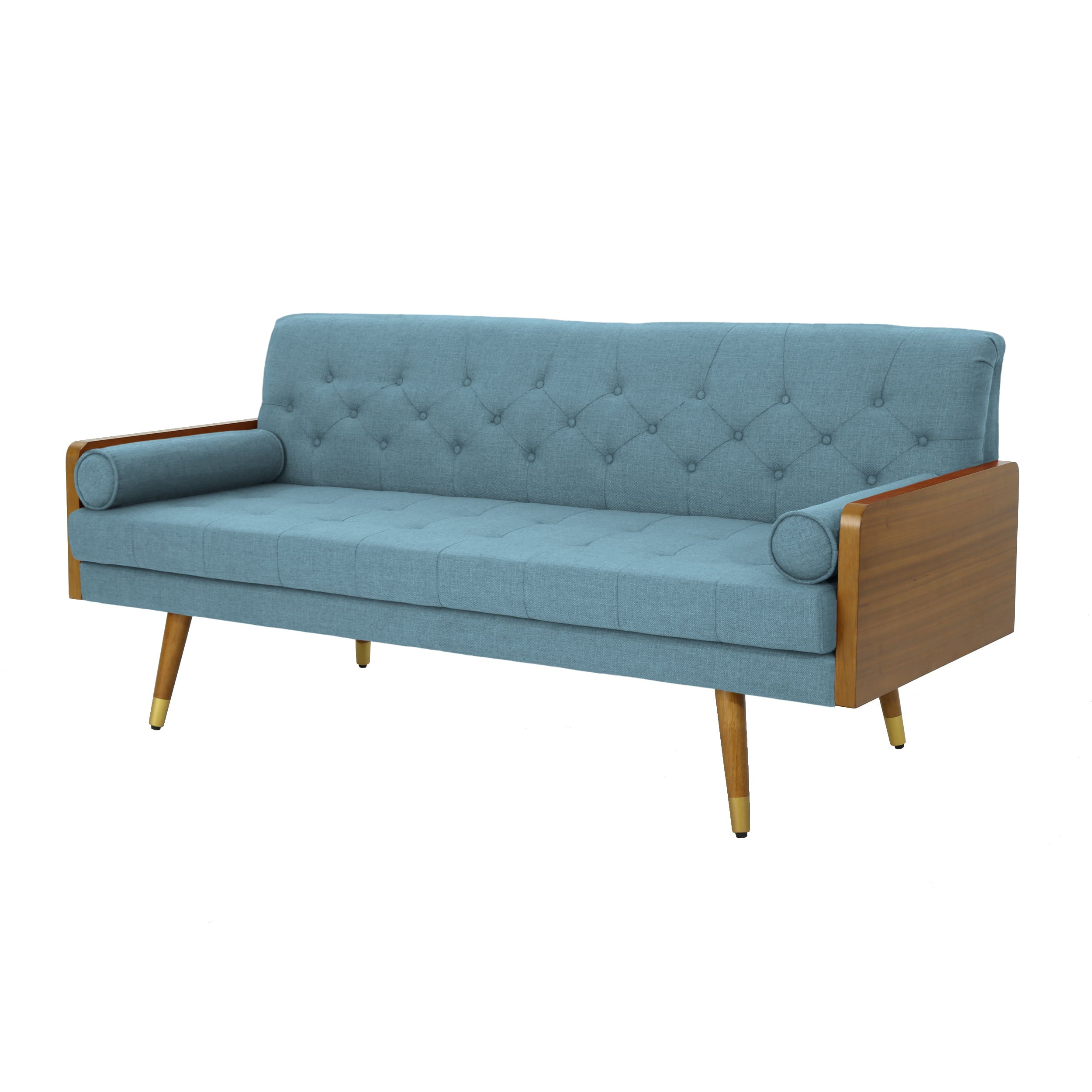 Demuir Mid Century Modern Tufted Fabric Sofa with Rolled Accent Pillows, Blue