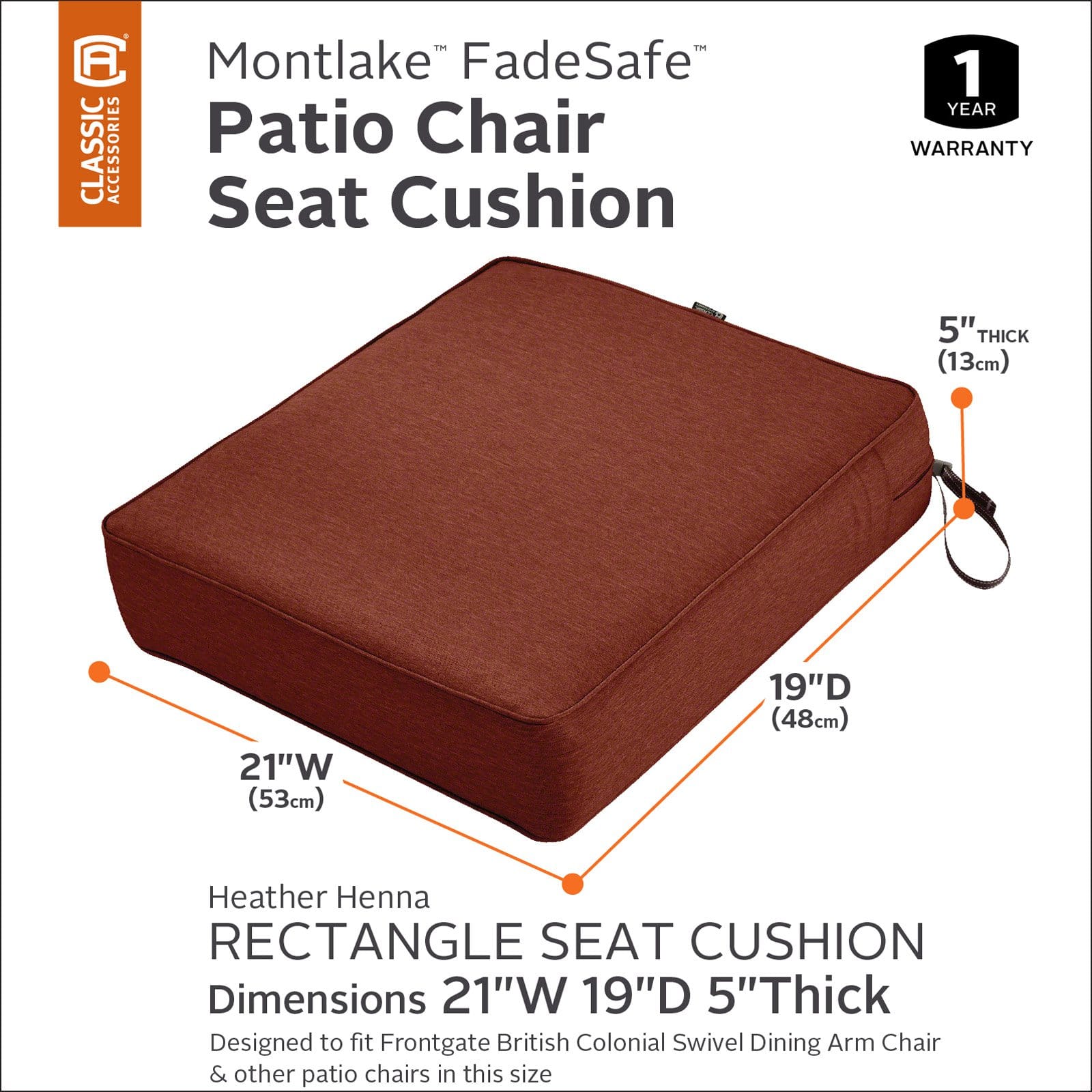 Classic Accessories Montlake FadeSafe Water-Resistant Patio Chair Seat Cushion， 21 x 19 x 5 inch， Light Charcoal