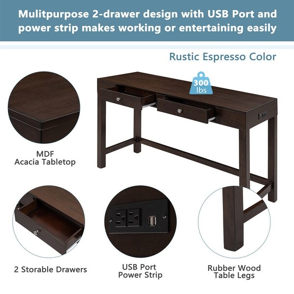 Counter set， counter height bar set， wooden counter set， 2 drawers and sockets， 3 upholstered stools