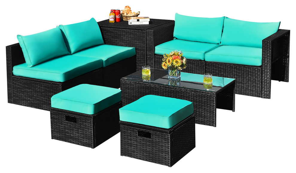 Costway 8PCS Patio Rattan Furniture Set Storage Table Ottoman cover   Tropical   Outdoor Lounge Sets   by Costway INC.  Houzz