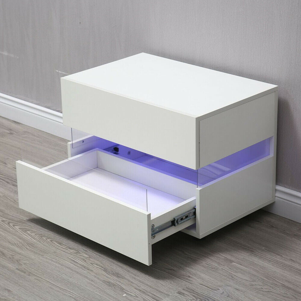 Oukaning White Bedside End Table Nightstand 2 Drawers w/ Multi-Colour LED Backlight