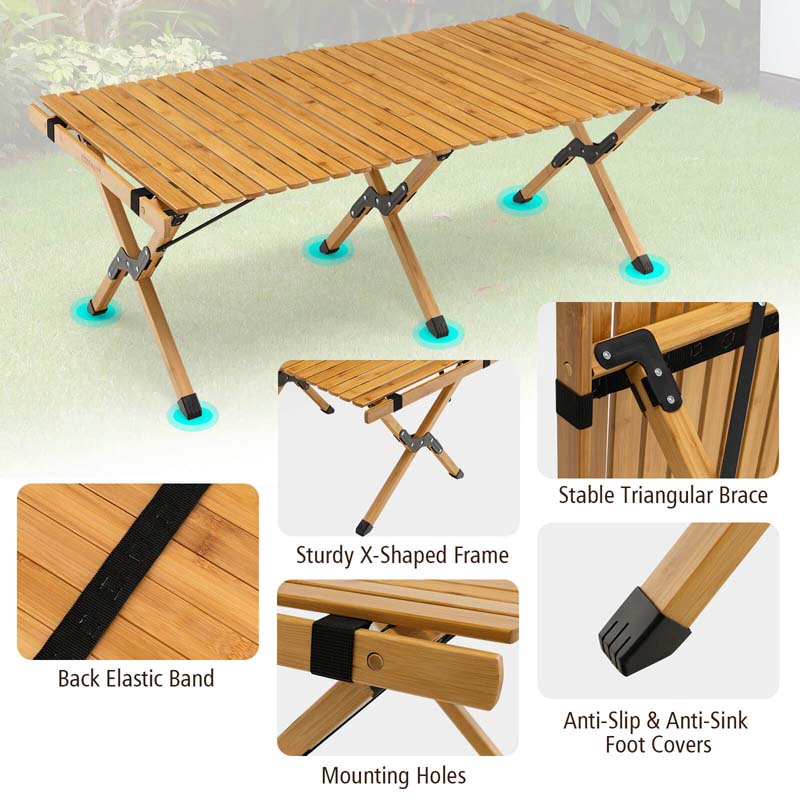 Folding Camping Table Portable Picnic Table with Carry Bag, Roll-up Bamboo Tabletop for BBQ Party Hiking