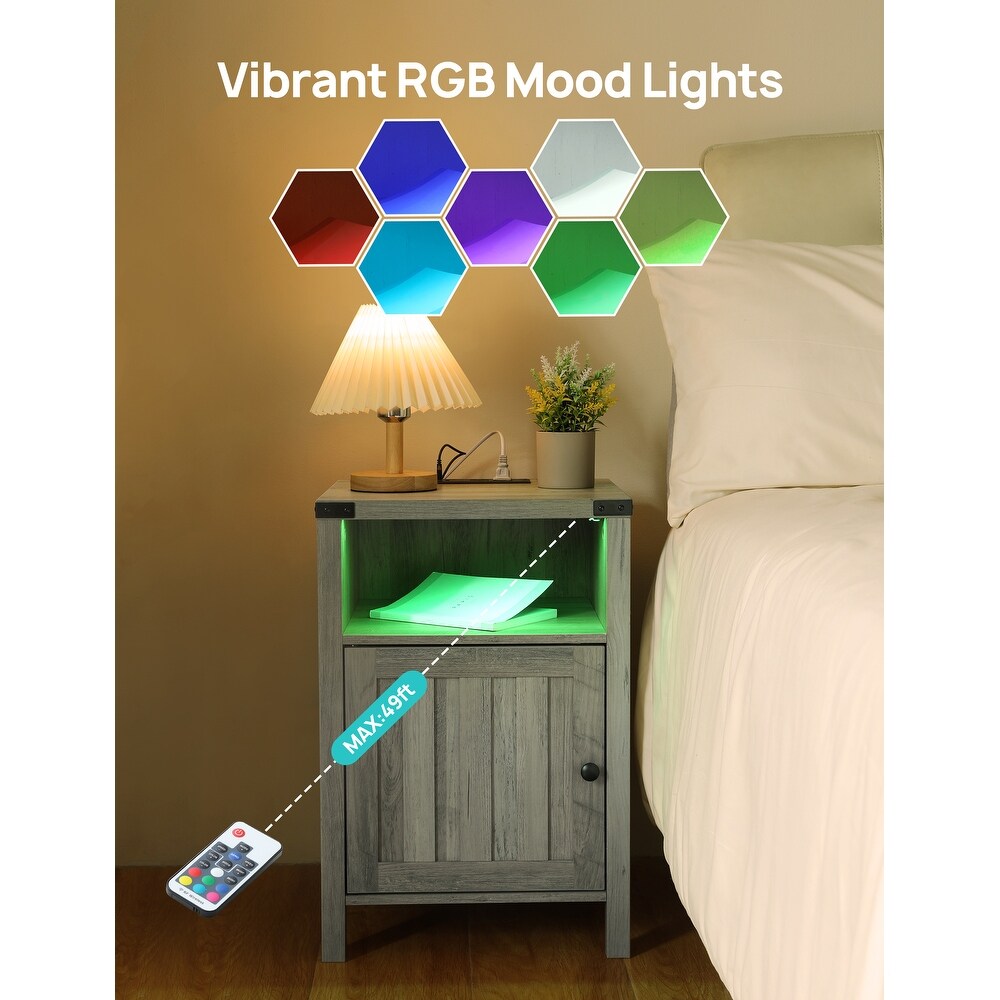 Nightstand with Charging Station And RGB Light Strip Barn Door Cabinet  Open Shelf