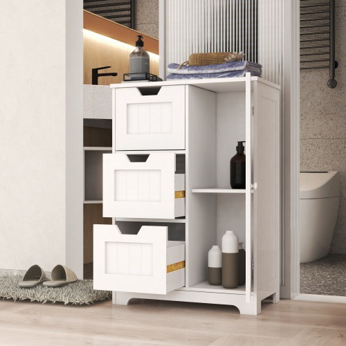 White freestanding storage cabinet for bathroom an...