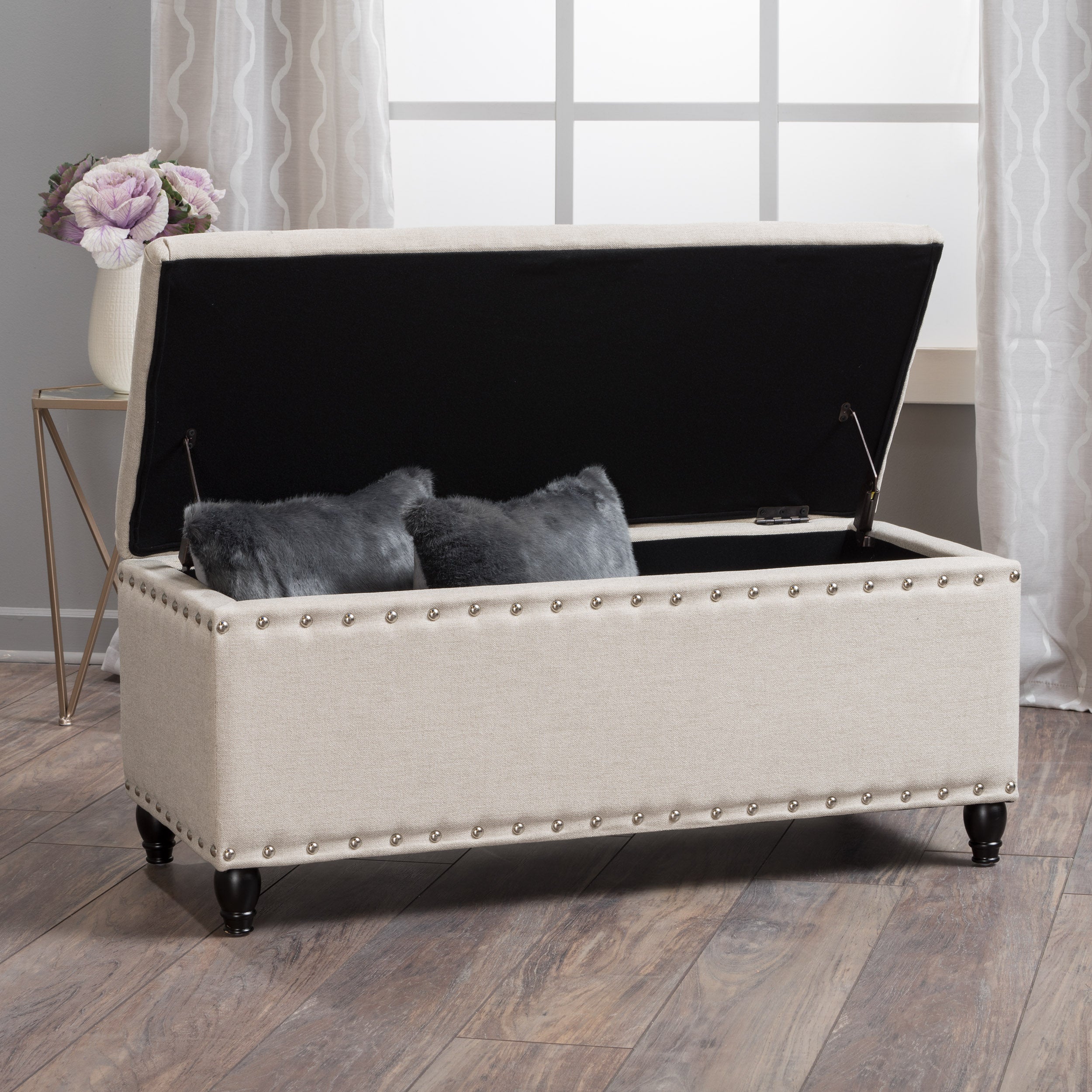 Tatiana Contemporary Fabric Storage Ottoman with Nailhead Trim