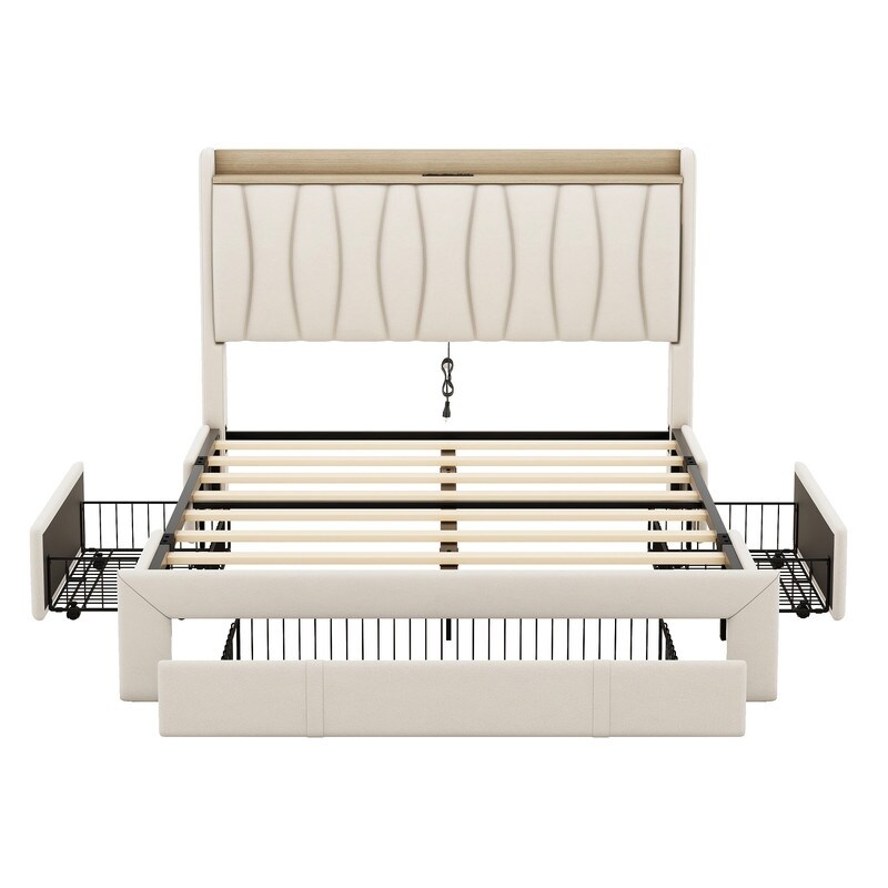 Queen Size Beige Upholstered Platform Bed with Storage Headboard Charging Station and 3 Drawers