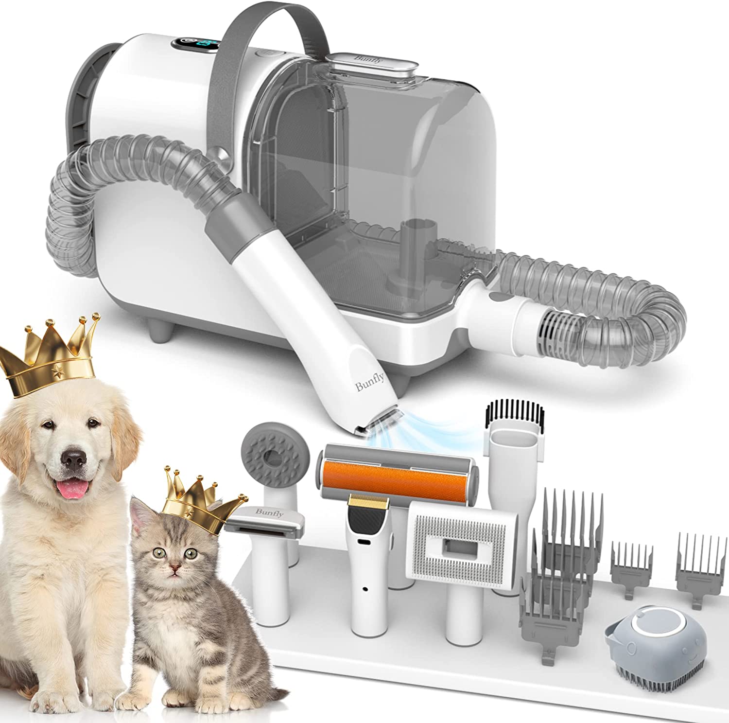 Bunfly Pet Clipper Grooming Kit and Vacuum Picks Up 99.99% Pet Hair, 7 Pet Grooming Tools, 3L Large Capacity Easy Clean Dust Cup for Pet Hair, Home Cleaning,Silver