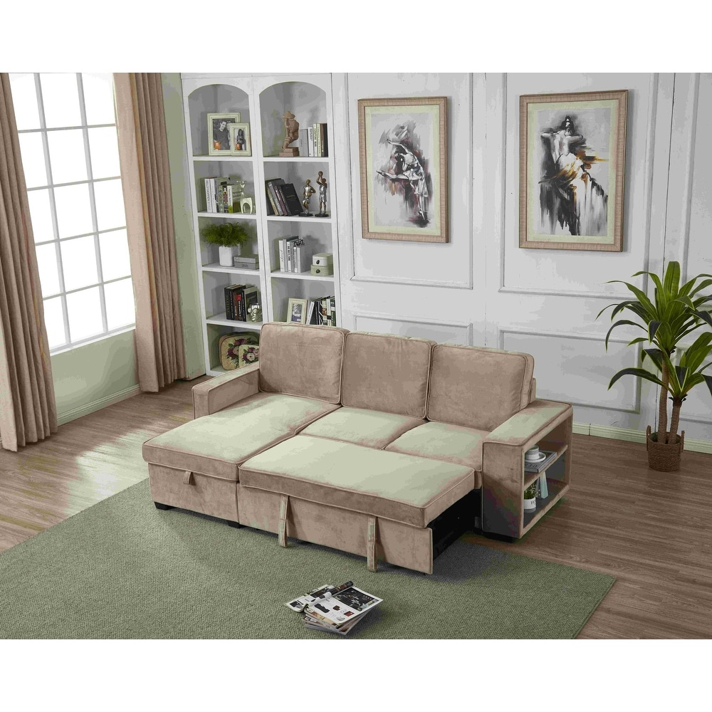 Velvet Sectional Sofa Reversible Chaise with Pull out Sleeper