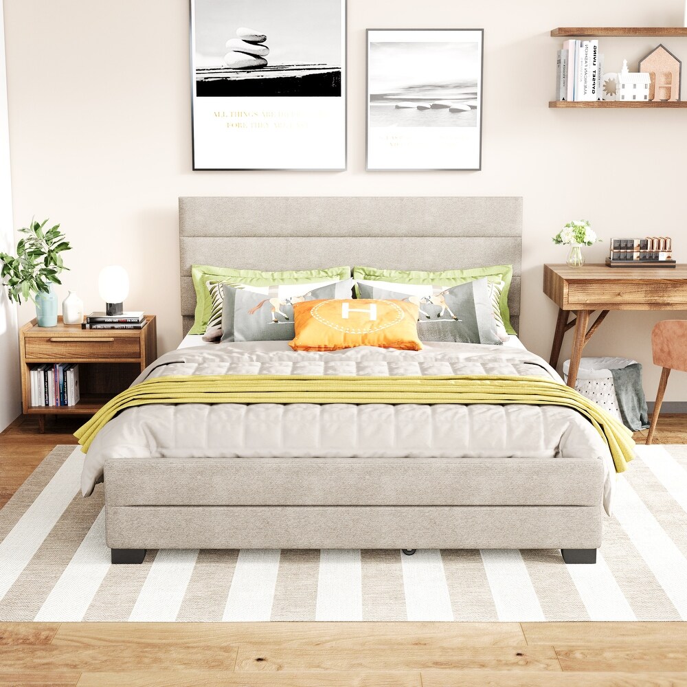 Queen Size Upholstered Platform Bed with Trundle and Drawers