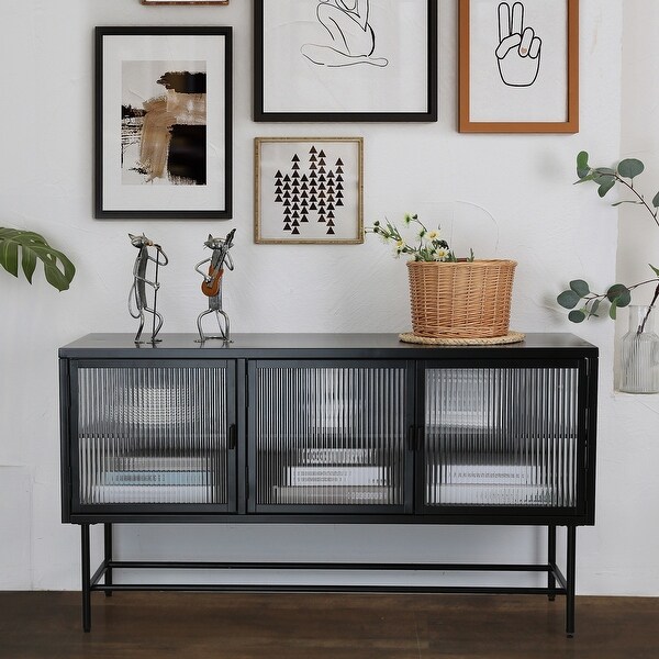 TV Console Table with Enclosed Storage， Wide Countertop Glass Doors， Detachable Shelves