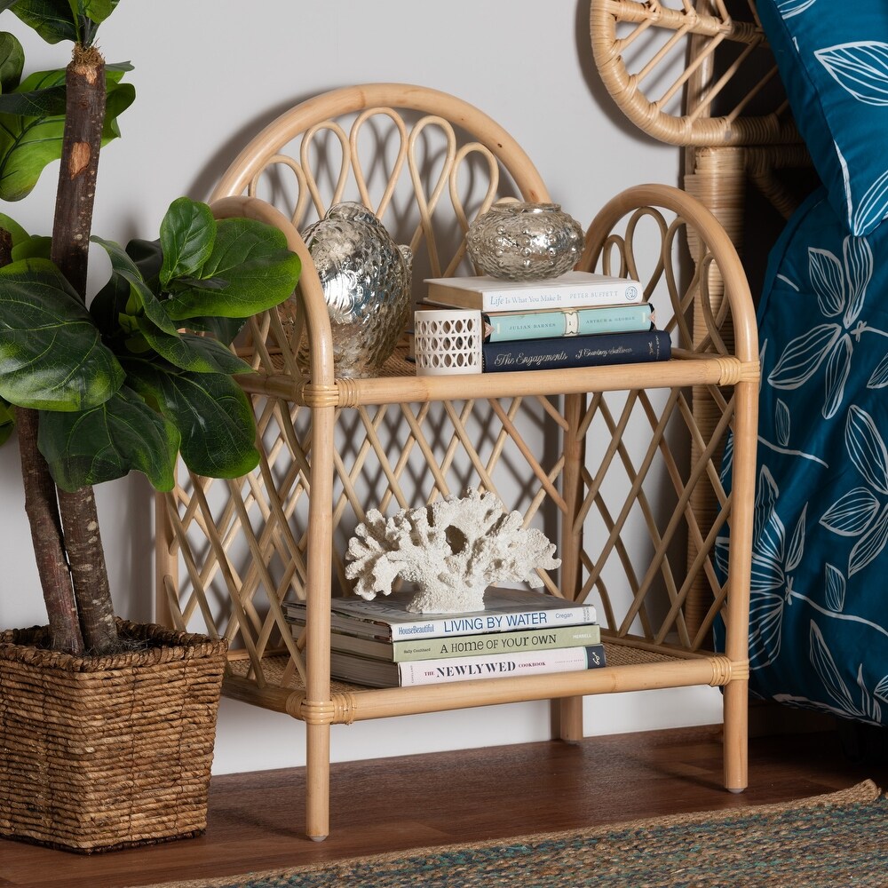 Hammond Modern Bohemian Natural Brown Rattan 2 Tier Display Shelf