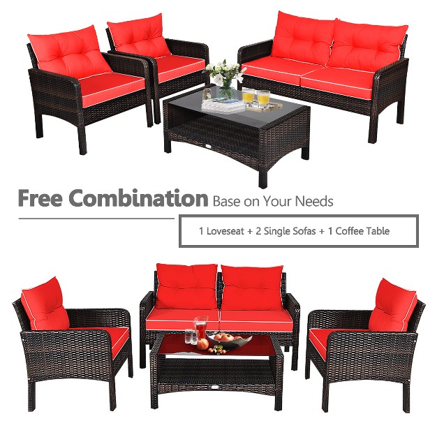 Tangkula 4 Piece Patio Conversation Set Rattan Wicker Loveseat Sofa Coffee Table amp Glass Top Red turquoise Cushions