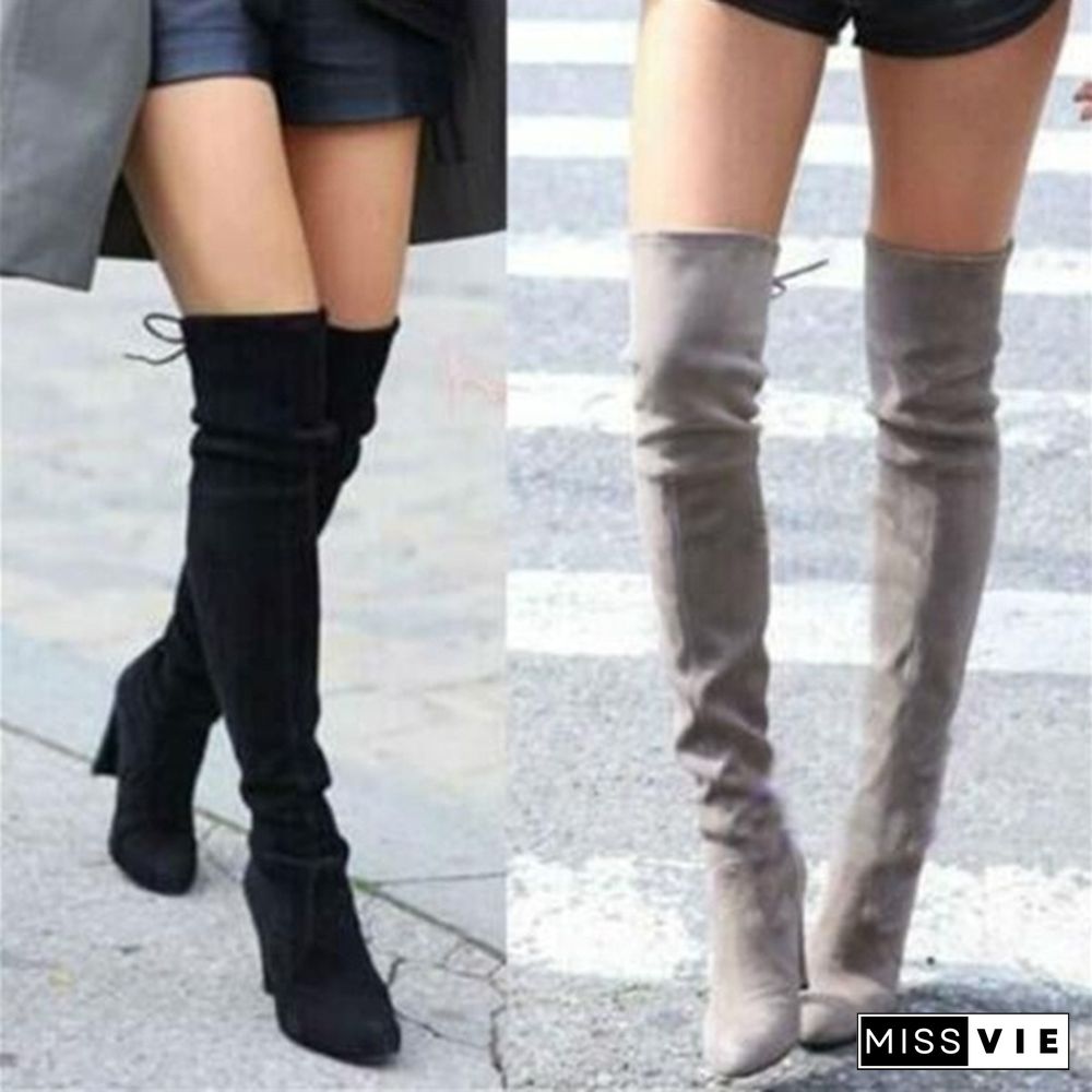 New Women's Fashion Over Knee High Boot Lace Up Sexy Stretch Slim Thigh High Heel Long Thigh Boots Shoes