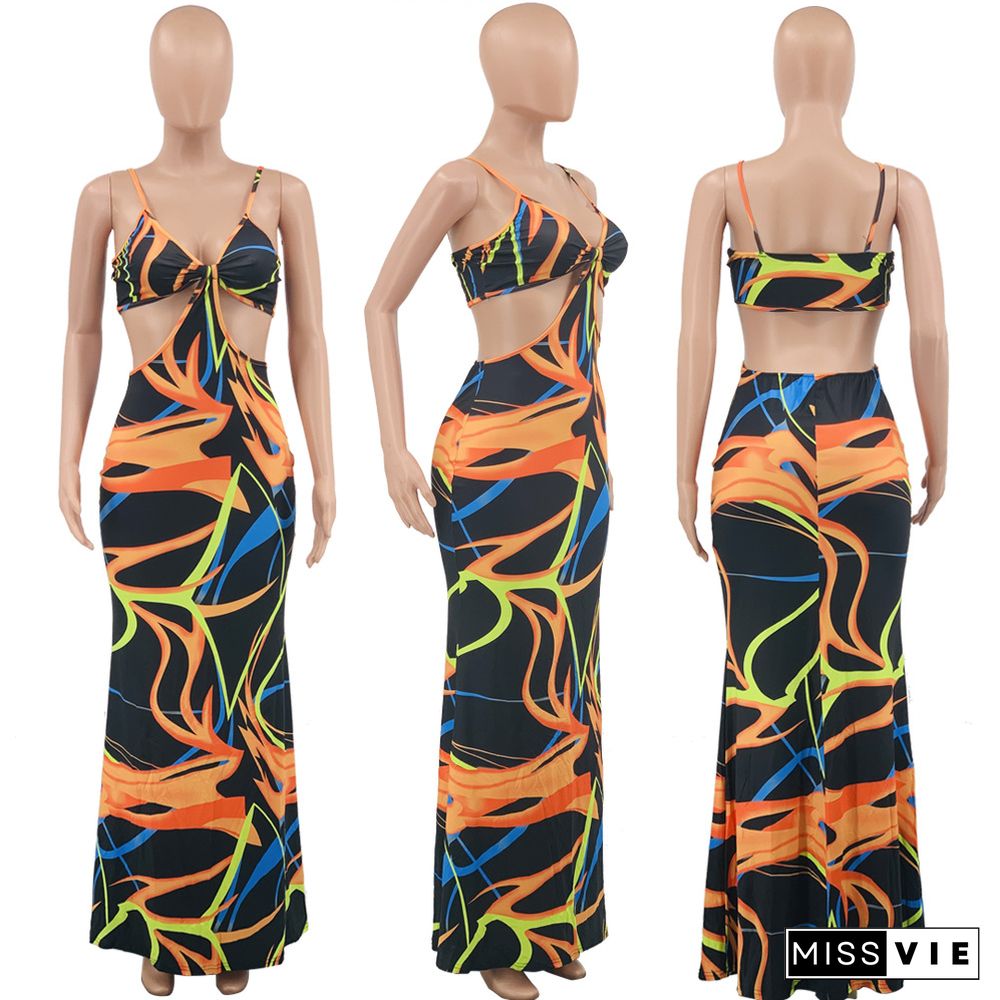 Sexy Tie Dye Sleeveless Spaghetti Straps V-Neck Hollow Out Stretchy Streetwear Bodycon Maxi Dresses