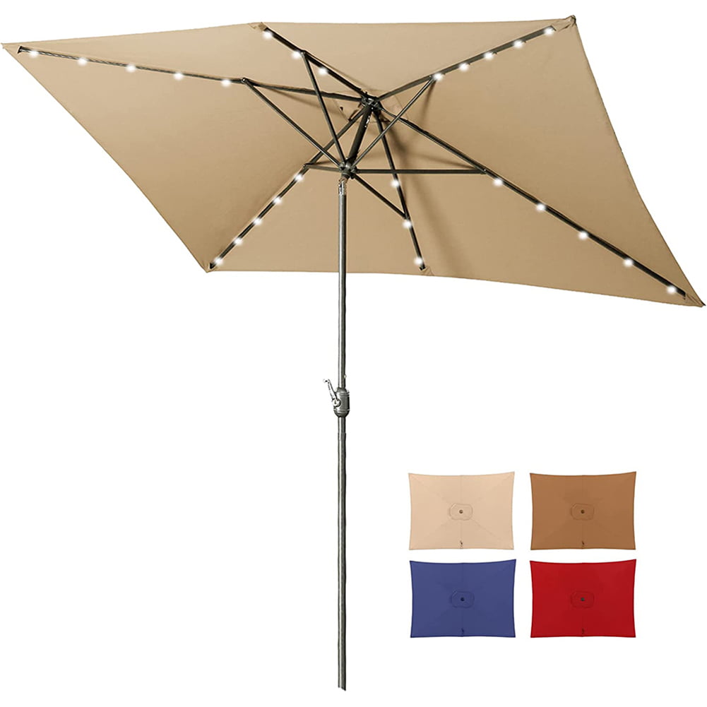 10X6.5Ft Patio Umbrella With Solar Lights -26 Led Rectangular Table Umbrella, 6-8 Chairs Outdoor Tilting Rectangle Umbrella For Lawn Backyard, Deck, Pool And Beach, Sand