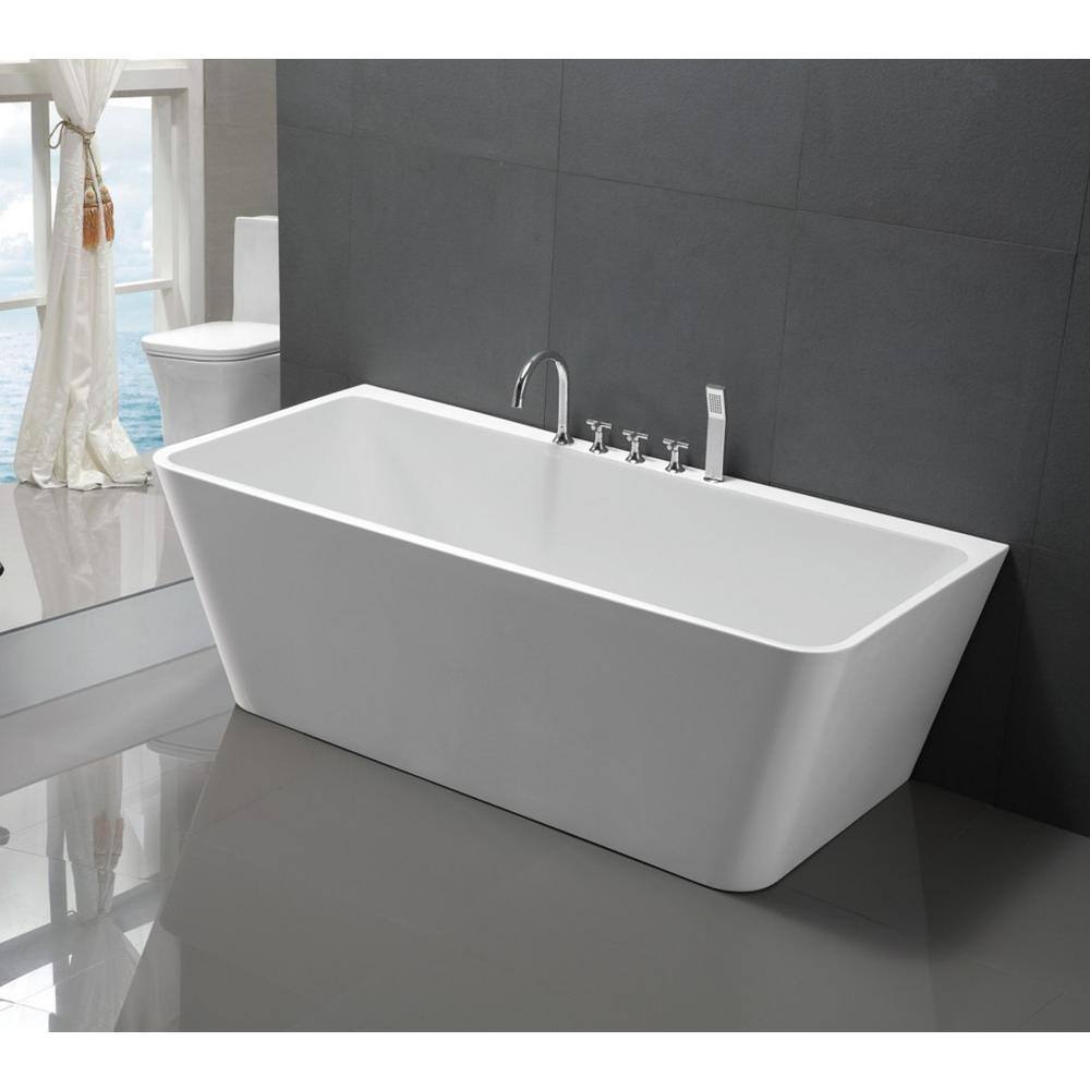 Empava 67 in. Acrylic Flatbottom Rectangular Back to Wall Alcove Soaking Bathtub in White with Polished Chrome Overflow EMA-67FT1516