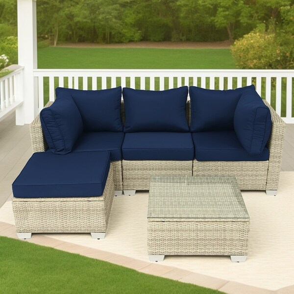 5Piece HandWoven PE Wicker Outdoor Patio Sectional Sofa Set with Cushions and Coffee Table