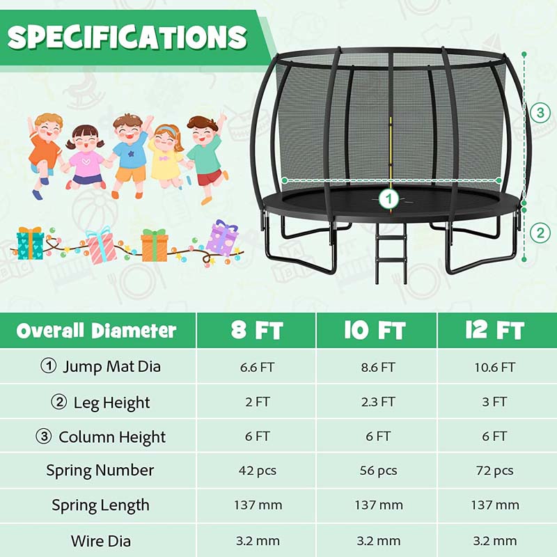 8/10/12FT ASTM Approved Outdoor Large Recreational Trampoline with Ladder & Enclosure Net Safety Pad