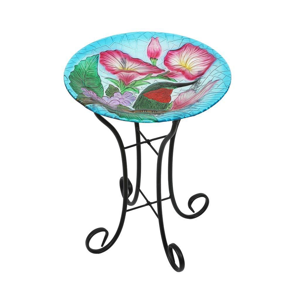 Luxen Home Hummingbird Floral Glass Bird Bath with Metal Stand WHP1521