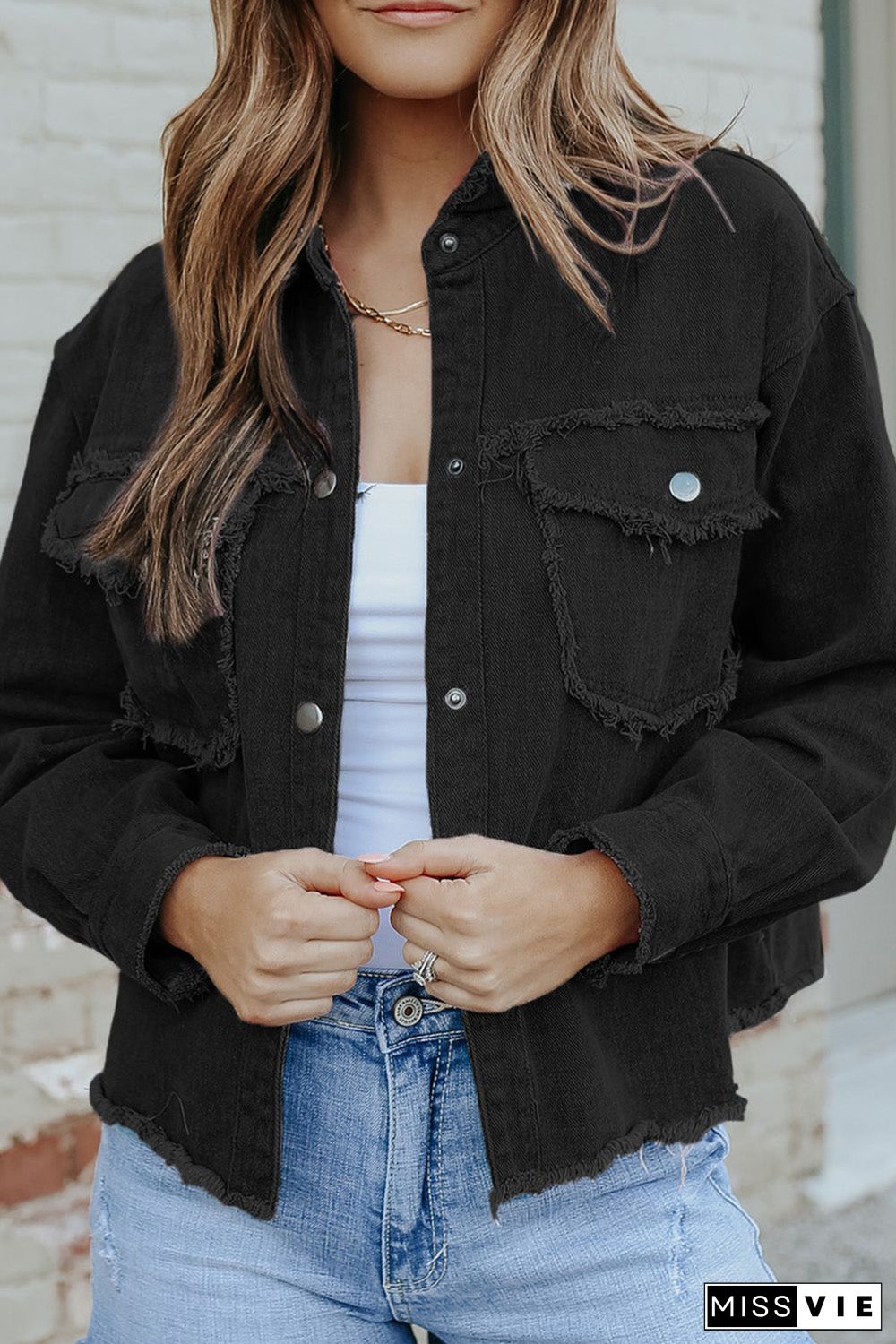 Distressed Flap Pockets Frayed Hemline Denim Jacket