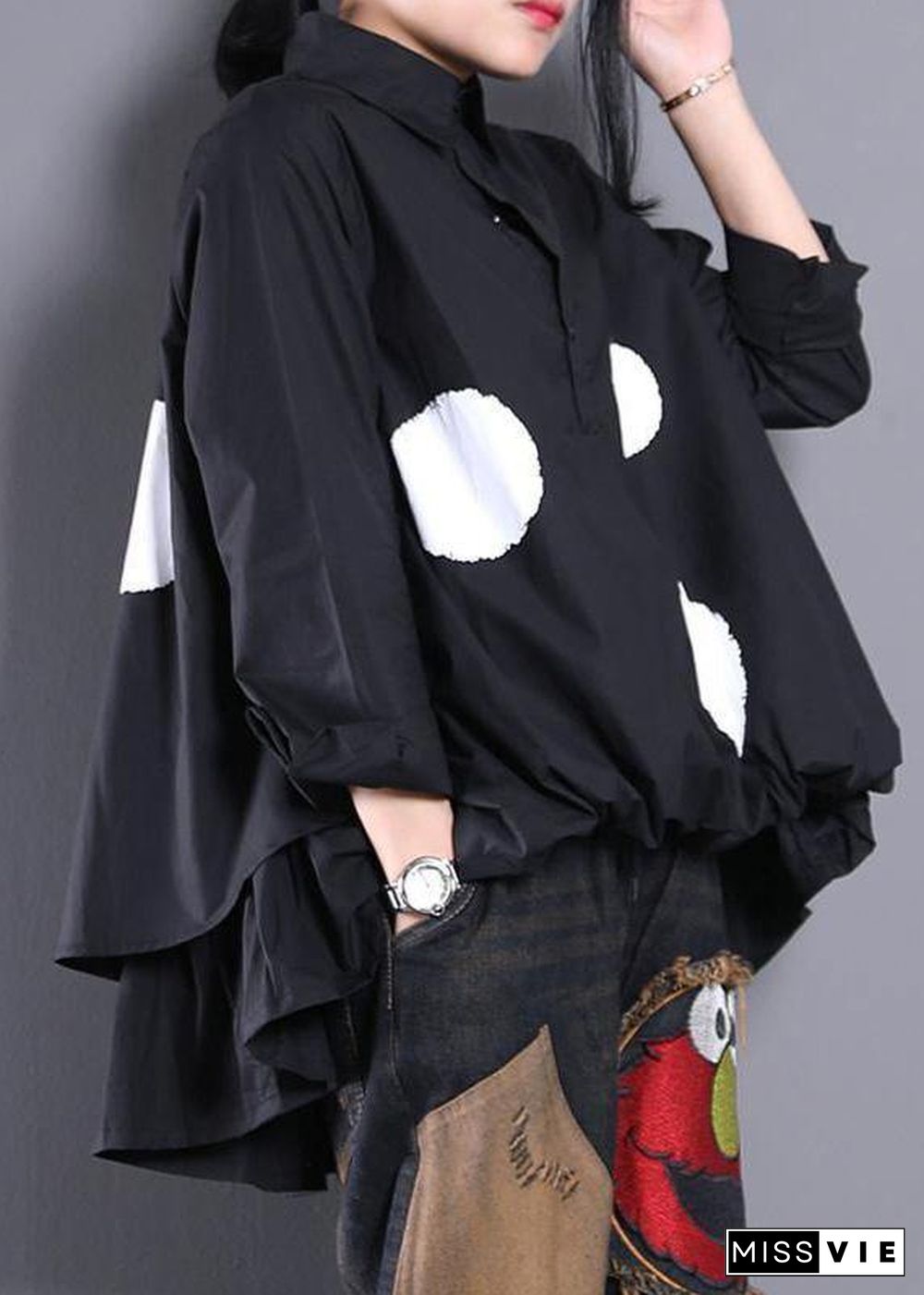 Women Asymmetric Clothes Christmas Gifts Black Dotted Blouse