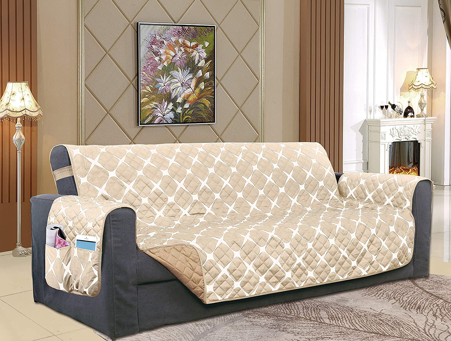 REVERSIBLE FURNITURE PROTECTOR for Pet Dog Children Kids -Cream/Taupe Sofa