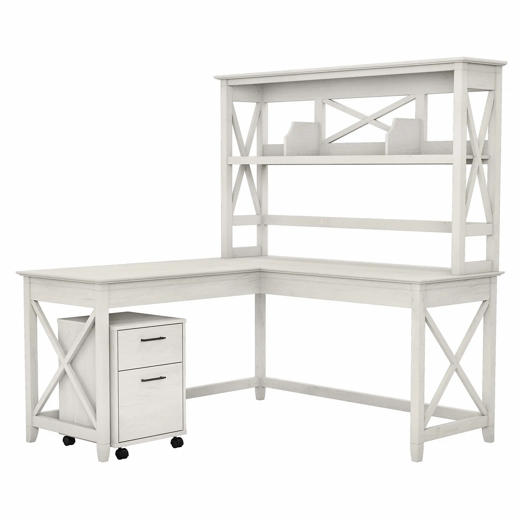 Key West Linen White Oak 60 Inch Desk with Hutch and File Cabinet - Bush Furniture