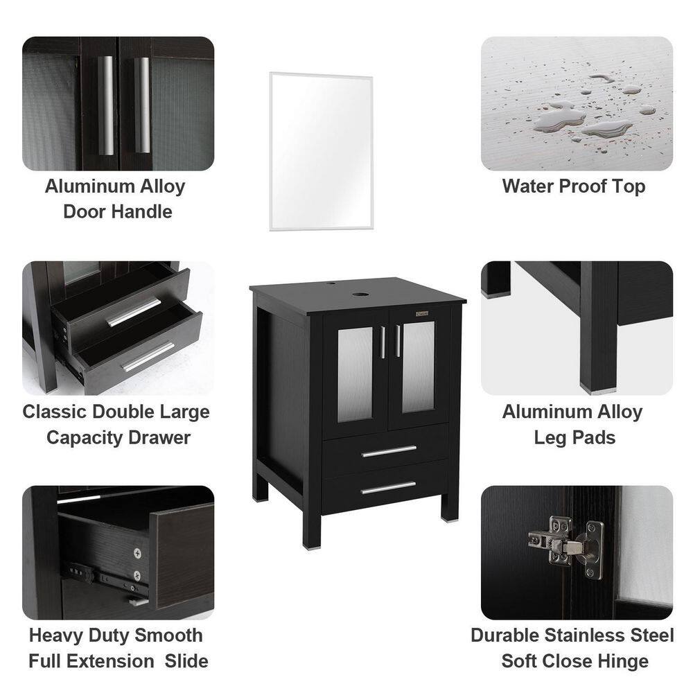 eclife Classical 24 in. W x 20 in. D x 32 in. H Bath Vanity in Black with Waterproof MDF Top in Black with Mirror THKFBV102BK