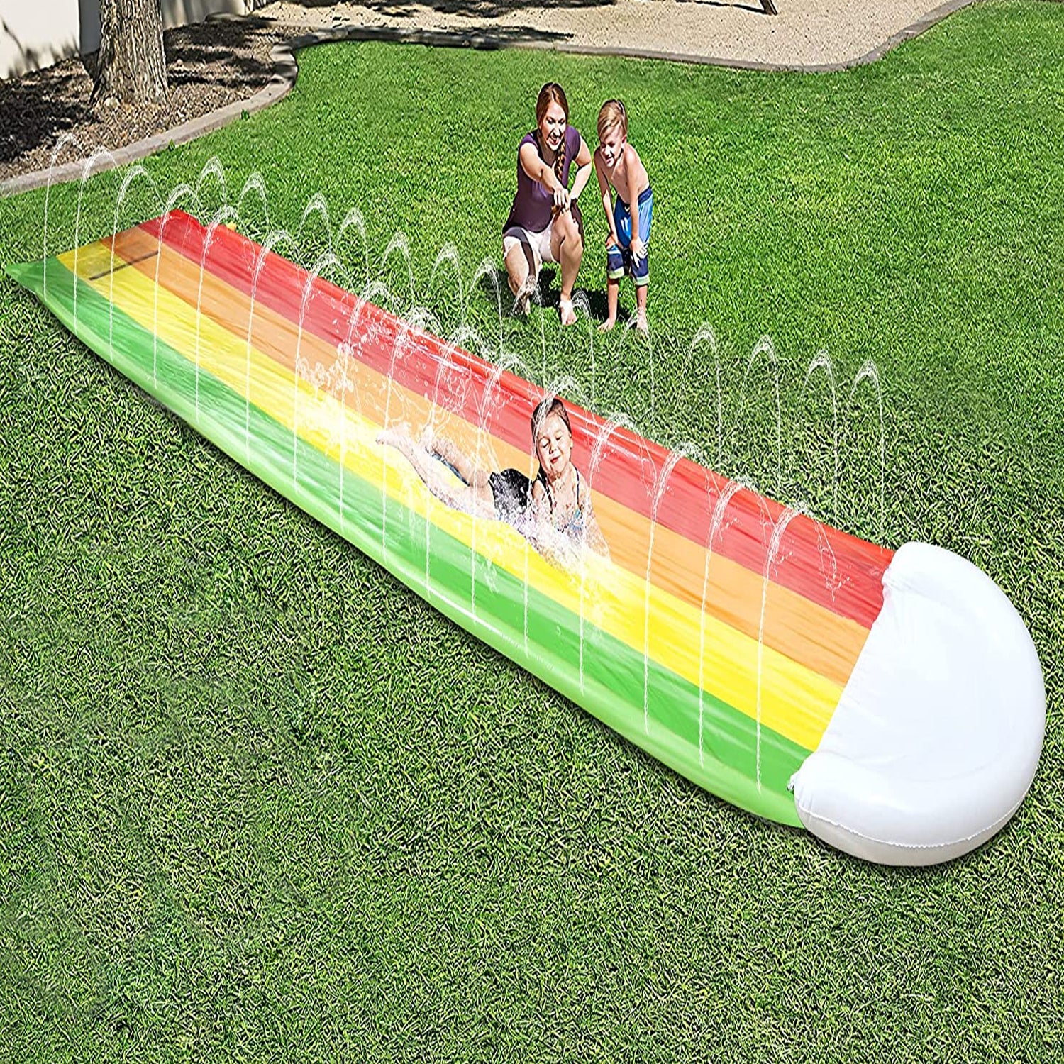 15.7ft Slip and Slide, Rainbow Lawn Water Slides Backyard Water Toys with Water Bodyboards, Waterslide with Splash Sprinkler - Outdoor Summer Toy for Kids Adults