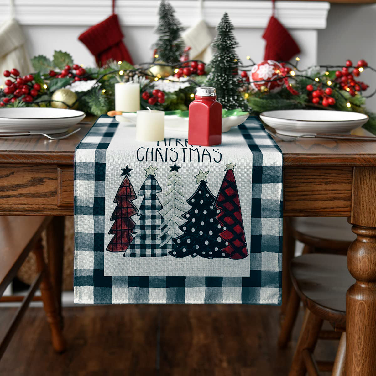 Sanmadrola Christmas Tree Table Runner Buffalo Plaid Table Runners for Merry Christmas Dining Kitchen Table Decorations Seasonal Winter Holiday Farmhouse Decor for Indoor Outdoor Party， 13 x 72 Inches