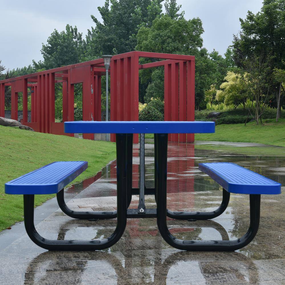 Afoxsos 46 in. Blue Square Outdoor Steel Picnic Table with Umbrella Pole HDMX760