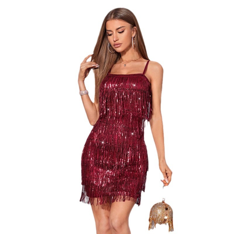 Suspenders sequined tassel cocktail dress skirt party dress short skirt dress