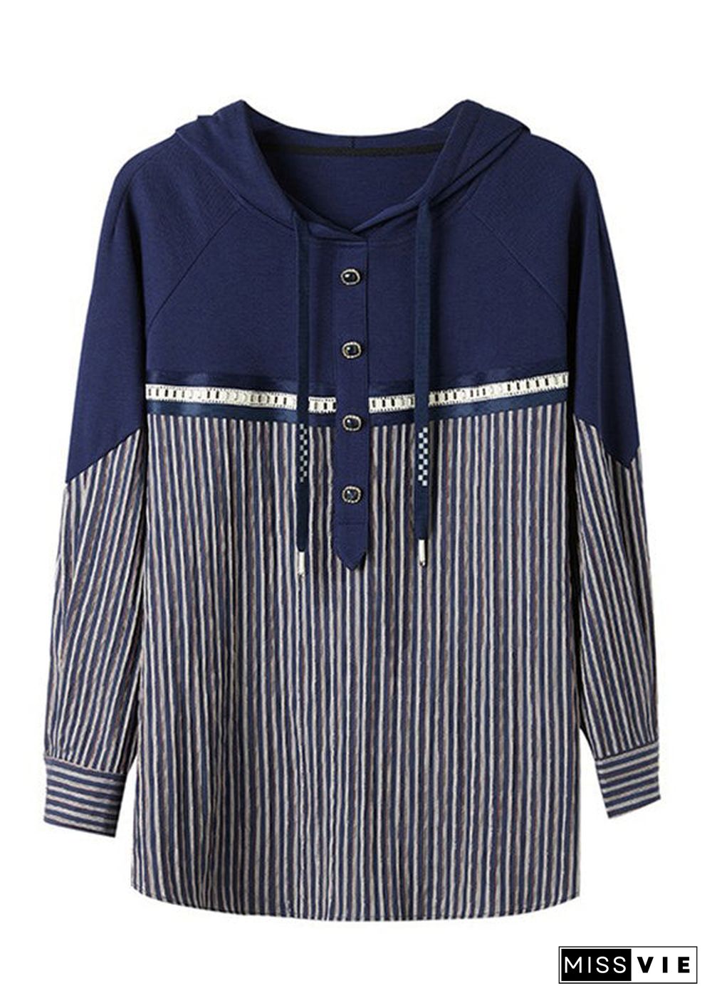 Loose Navy Neck Tie Striped Patchwork Hooded Sweatshirts Long Sleeve