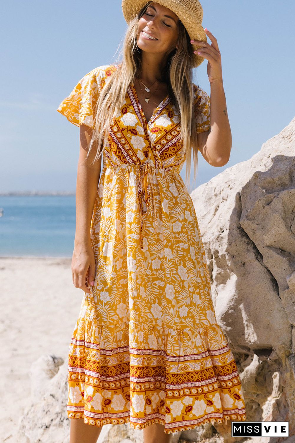 Yellow Floral Wrapped V Neck Tied Ruffled Sleeves Midi Dress