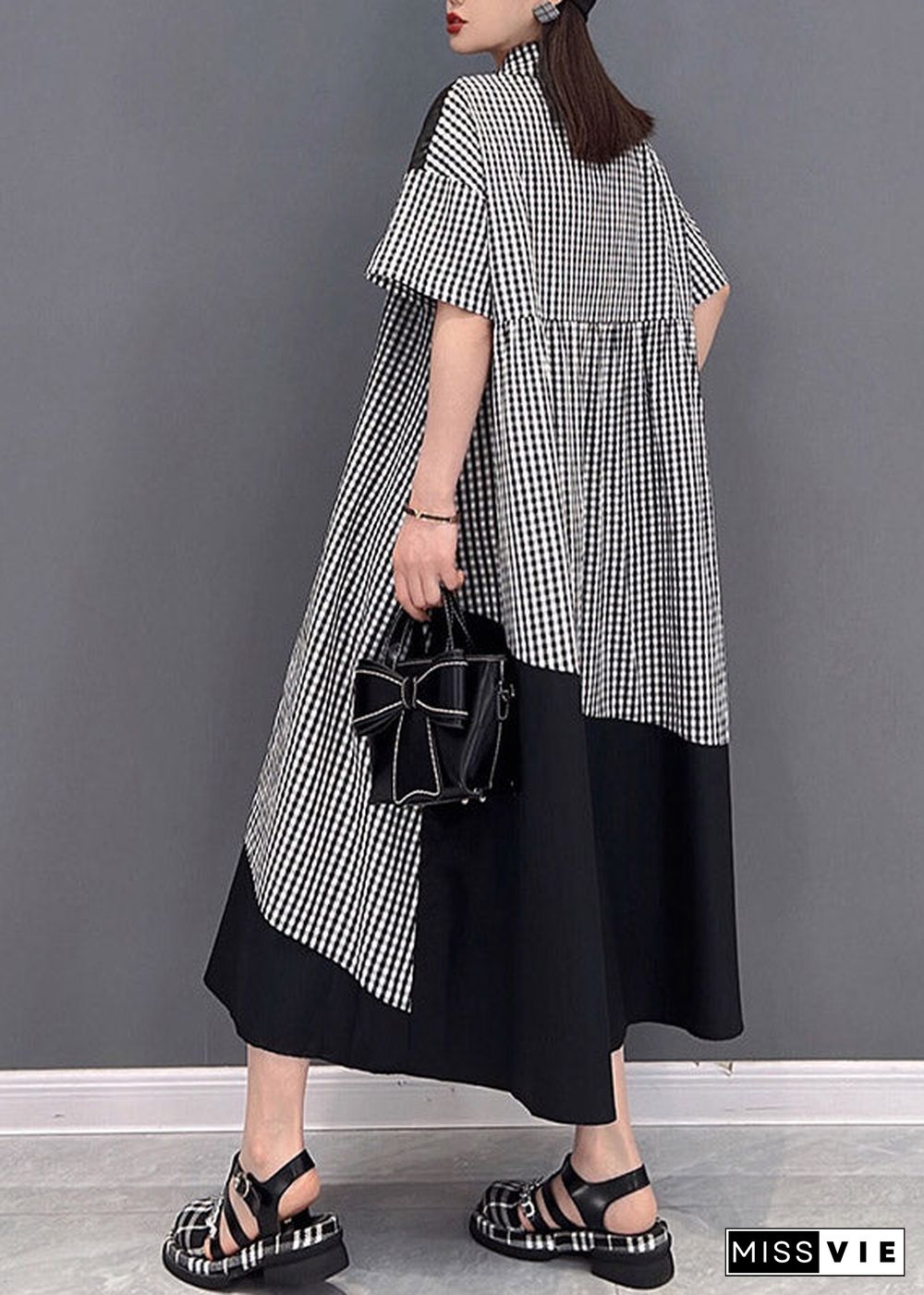 Grey Dot Print Patchwork Long Dress Loose wrinkled Short Sleeve