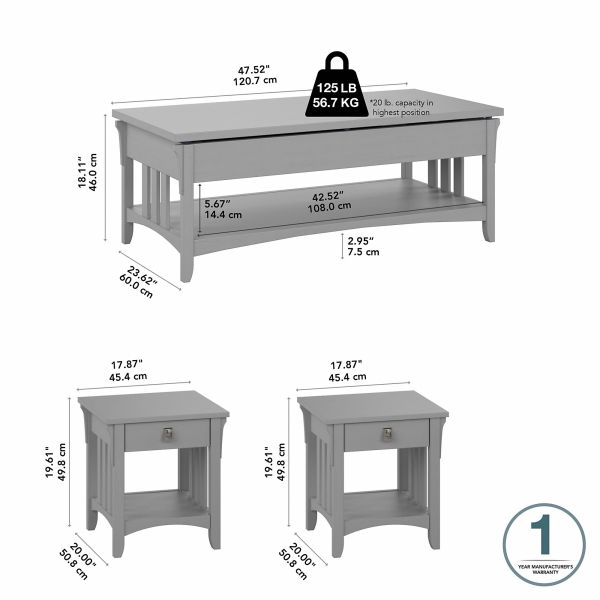 Bush Furniture Salinas Lift Top Coffee Table Desk with End Tables in Cape Cod Gray